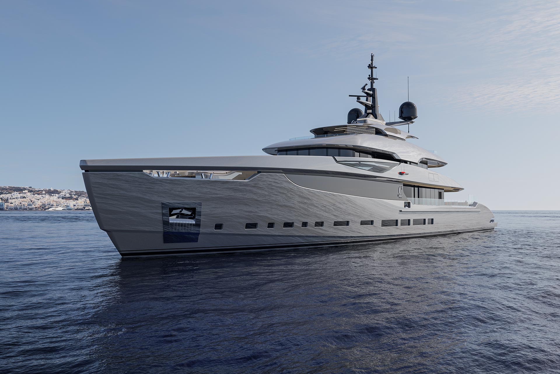 Meta Design Studio, Yacht Animation, 3D Animation, Yacht Rendering, 3D Rendering, Luxury Visualization, Yacht Visualization A large, modern luxury yacht with sleek lines floats on calm blue water, showcased in stunning Yacht Visualization, with a coastal town visible in the background under a clear sky.