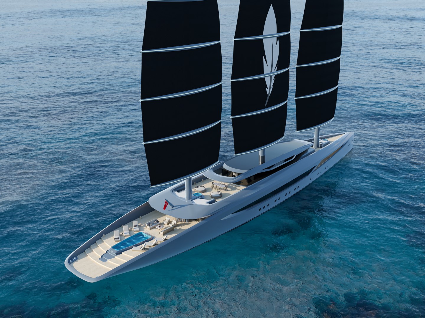Meta Design Studio, Yacht Animation, 3D Animation, Yacht Rendering, 3D Rendering, Luxury Visualization, Yacht Visualization A large, modern yacht with three tall black sails floats on clear blue water. This stunning Yacht Visualization highlights spacious decks, lounge areas, a pool, and sleek white and gray design elements.