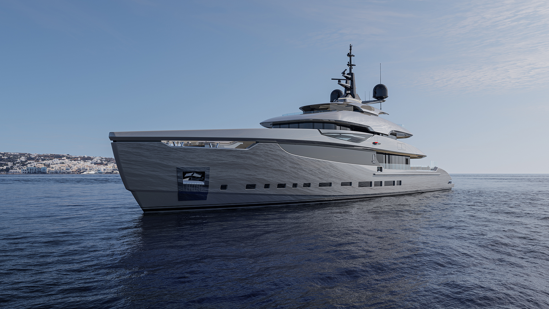 Meta Design Studio, Yacht Animation, 3D Animation, Yacht Rendering, 3D Rendering, Luxury Visualization, Yacht Visualization An Atlantique 65m superyacht sails on calm blue water near a coastal city, with modern buildings visible in the background under a clear sky.