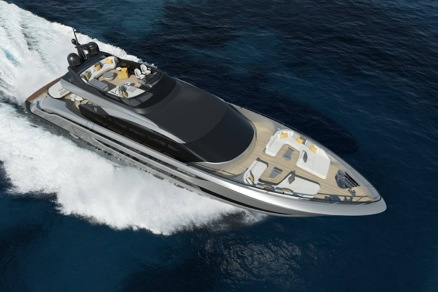 Meta Design Studio, Yacht Animation, 3D Animation, Yacht Rendering, 3D Rendering, Luxury Visualization, Yacht Visualization A sleek, modern luxury yacht cruises quickly through deep blue ocean water, leaving white waves in its wake. The yacht features spacious decks with seating and sunbathing areas.