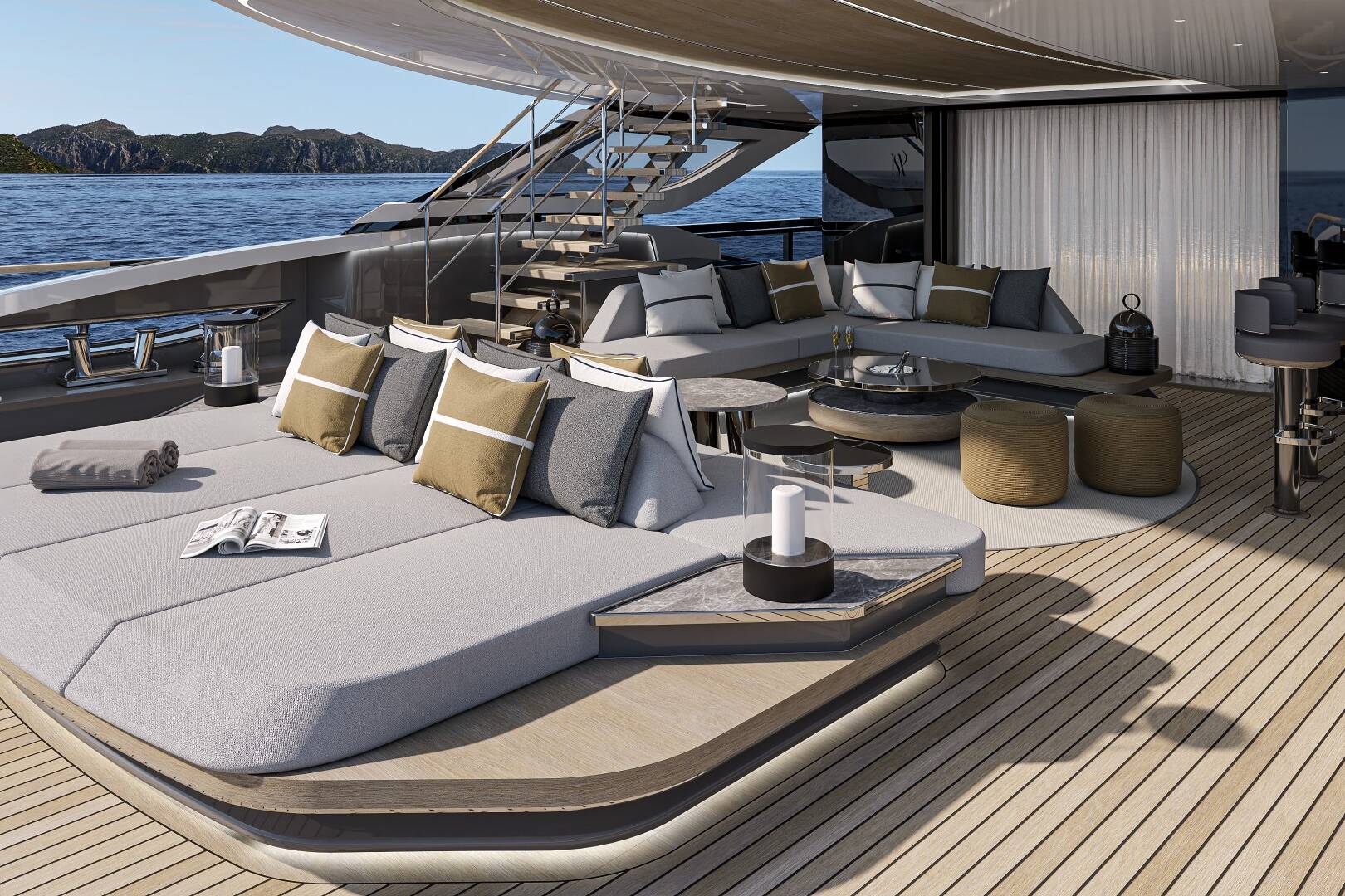 Meta Design Studio, Yacht Animation, 3D Animation, Yacht Rendering, 3D Rendering, Luxury Visualization, Yacht Visualization Luxurious yacht deck with plush lounge seating, cushions, small tables, and decor accents, overlooking calm blue water and distant mountains under a clear sky. A magazine and candles rest on the sunbed.