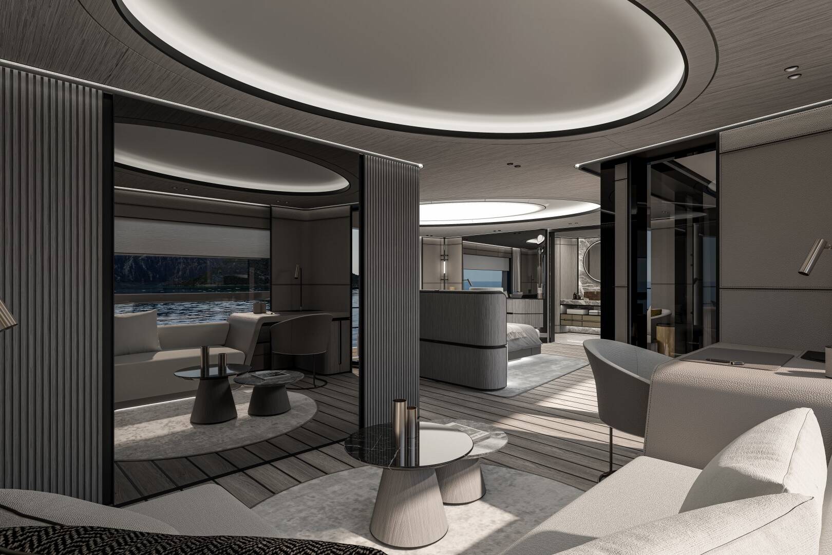 Meta Design Studio, Yacht Animation, 3D Animation, Yacht Rendering, 3D Rendering, Luxury Visualization, Yacht Visualization A modern, luxurious yacht interior with neutral colors, round ceiling lights, sleek furniture, large windows, and scenic ocean views. The open space includes sofas, tables, and a workspace—perfect for inspiring any yacht visualization.