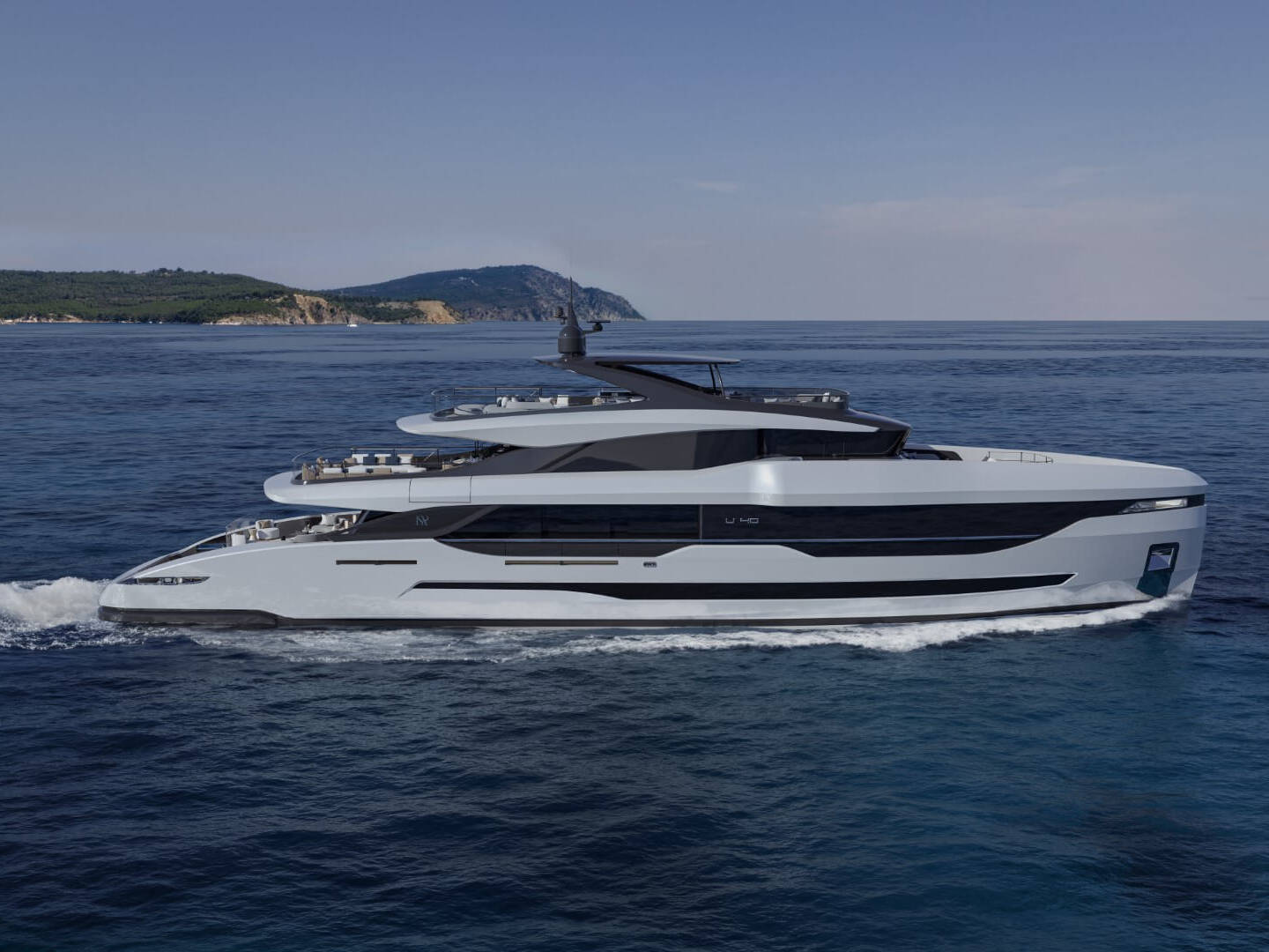 Meta Design Studio, Yacht Animation, 3D Animation, Yacht Rendering, 3D Rendering, Luxury Visualization, Yacht Visualization A sleek, modern luxury yacht glides across calm blue water near green hills and cliffs under a clear sky, brought to life with stunning Yacht Visualization.