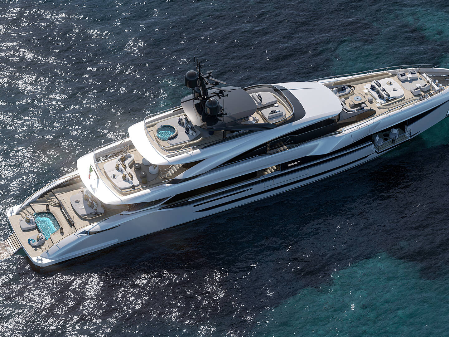 Meta Design Studio, Yacht Animation, 3D Animation, Yacht Rendering, 3D Rendering, Luxury Visualization, Yacht Visualization Aerial view of a luxurious white yacht with multiple decks, swimming pools, and lounge areas, anchored in clear blue-green ocean water—captured in stunning detail through Luxury Visualization by Meta Design Studio.