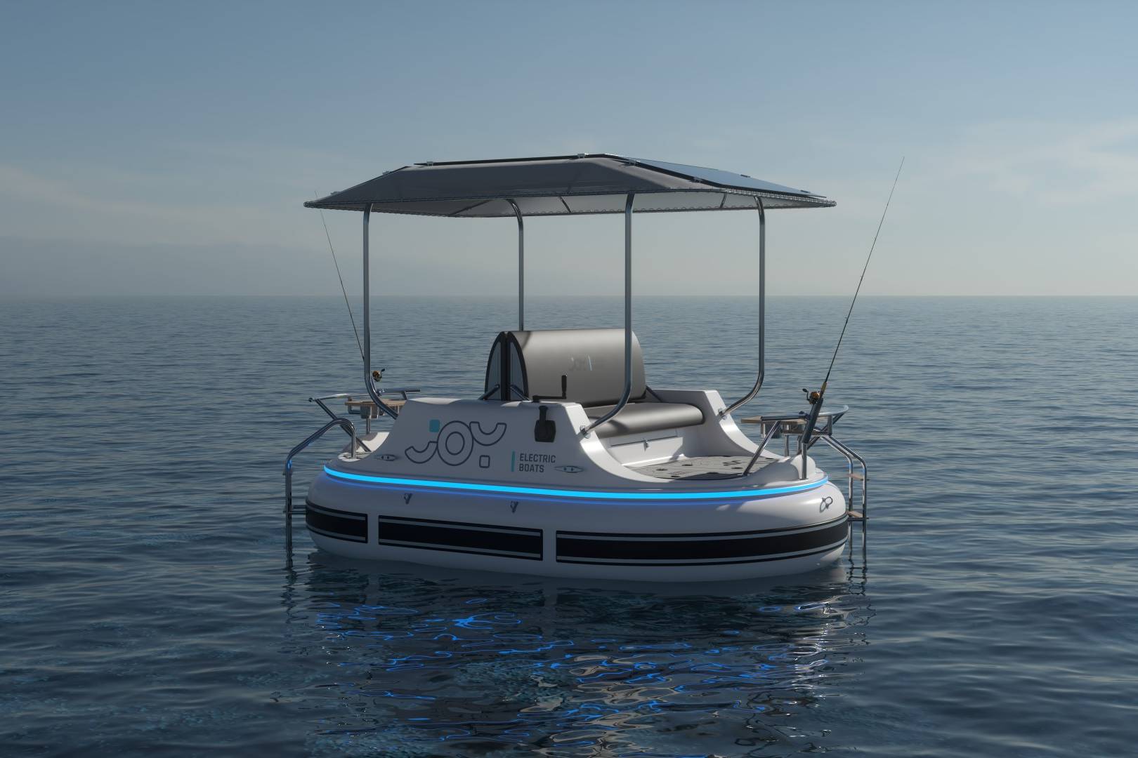 Meta Design Studio, Yacht Animation, 3D Animation, Yacht Rendering, 3D Rendering, Luxury Visualization, Yacht Visualization A round, modern electric boat with a canopy floats on calm water. Featuring fishing rods, a central control console, neon blue lighting, and passenger seating, this scene is perfect for yacht visualization on a clear day with peaceful waters.