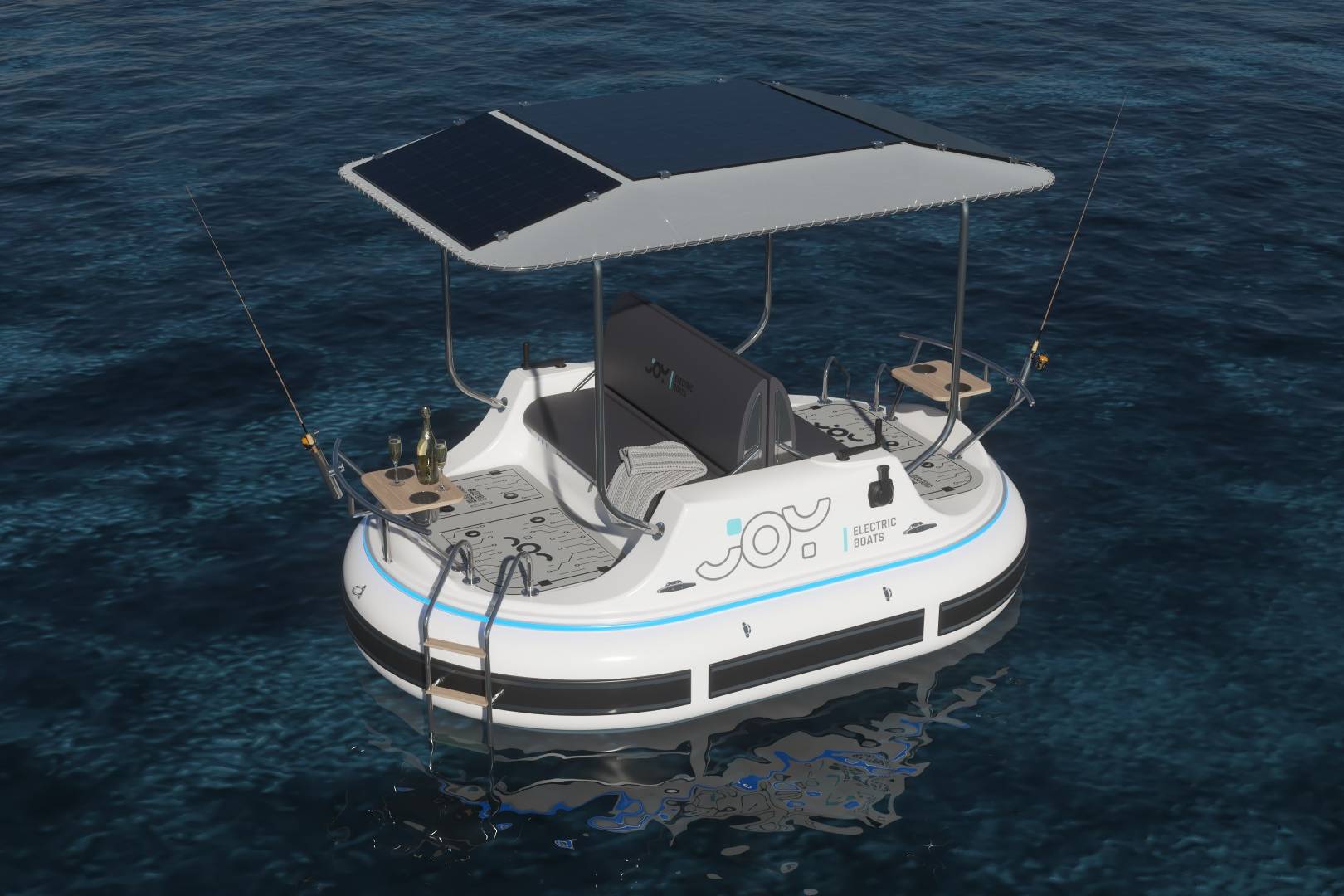 Meta Design Studio, Yacht Animation, 3D Animation, Yacht Rendering, 3D Rendering, Luxury Visualization, Yacht Visualization A small, round electric boat with solar panels on the roof floats on calm blue water. Featuring fishing rods, drink holders, and a sleek control panel, it offers yacht visualization at its finest, with “Joy” stylishly written on the side.