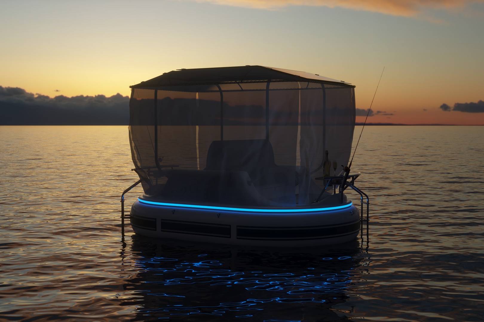 Meta Design Studio, Yacht Animation, 3D Animation, Yacht Rendering, 3D Rendering, Luxury Visualization, Yacht Visualization A small round boat with a canopy and mosquito net floats on calm water at sunset. Blue LED lights ring the edge, and a fishing rod is visible—creating a peaceful scene perfect for yacht visualization or animation projects.