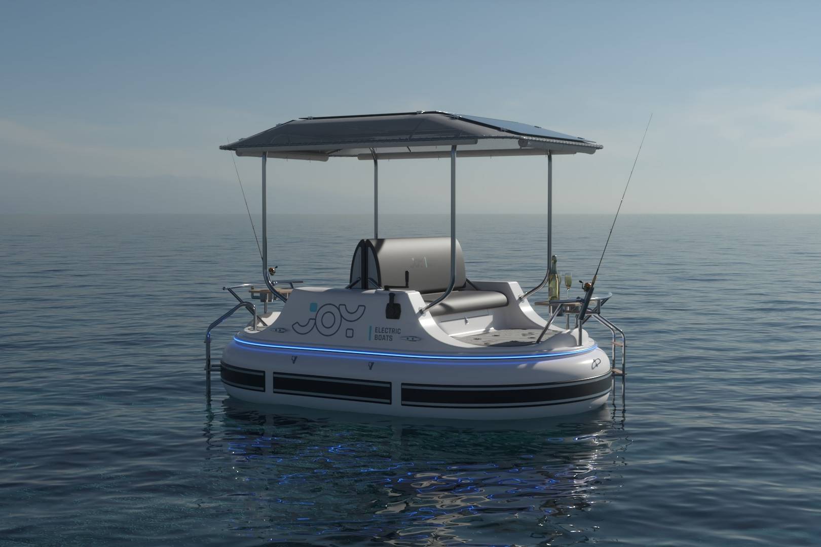 Meta Design Studio, Yacht Animation, 3D Animation, Yacht Rendering, 3D Rendering, Luxury Visualization, Yacht Visualization A small, round boat with a canopy floats on calm water under a clear sky. The scene resembles a yacht visualization, with benches, fishing rods, and a central console hinting at its use for leisure or fishing.