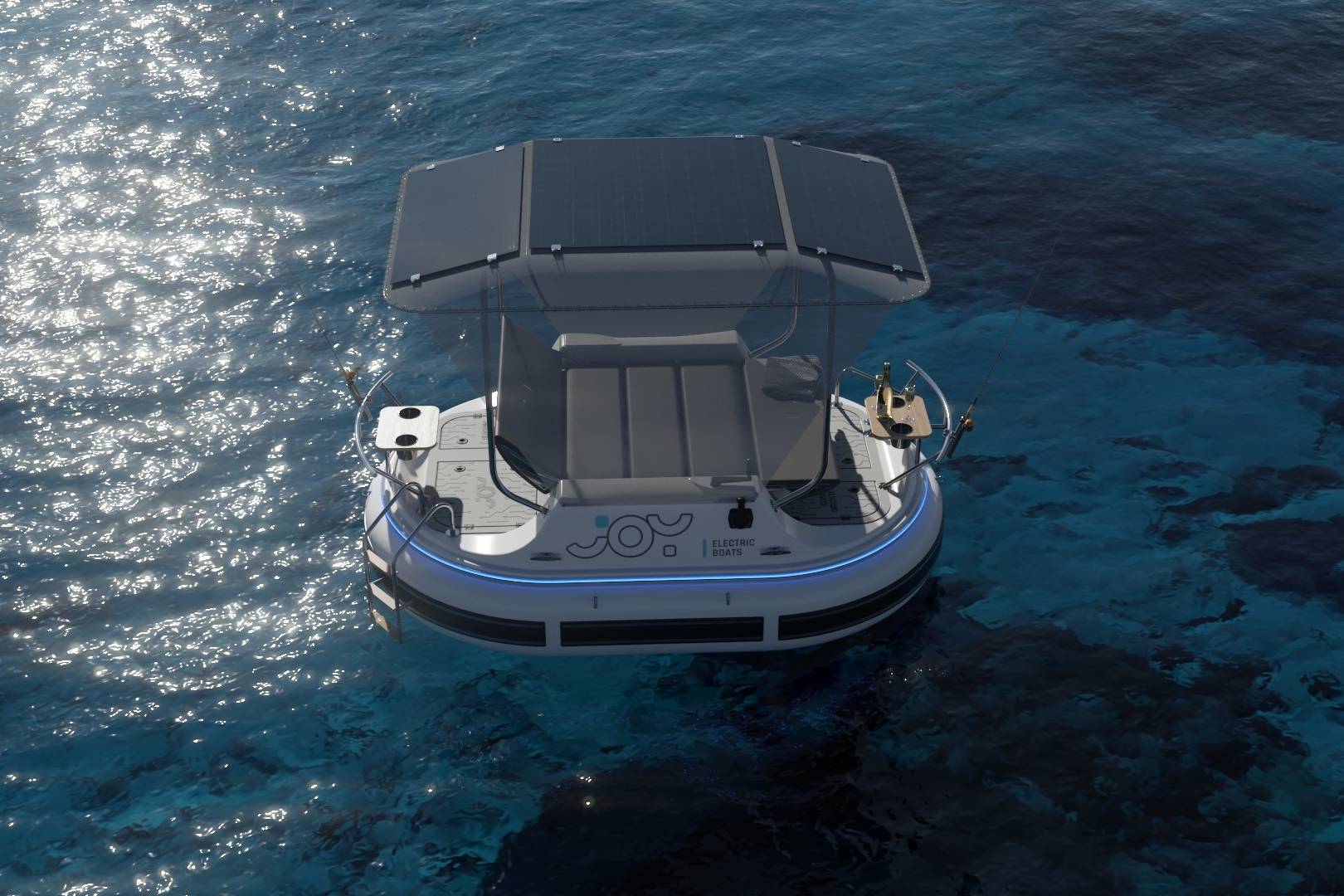 Meta Design Studio, Yacht Animation, 3D Animation, Yacht Rendering, 3D Rendering, Luxury Visualization, Yacht Visualization A small, round boat with a canopy floats on clear blue water. The boat features solar panels on the roof, cushioned seating, and a control panel—perfect for a Yacht Visualization as sunlight reflects off the ocean surface.