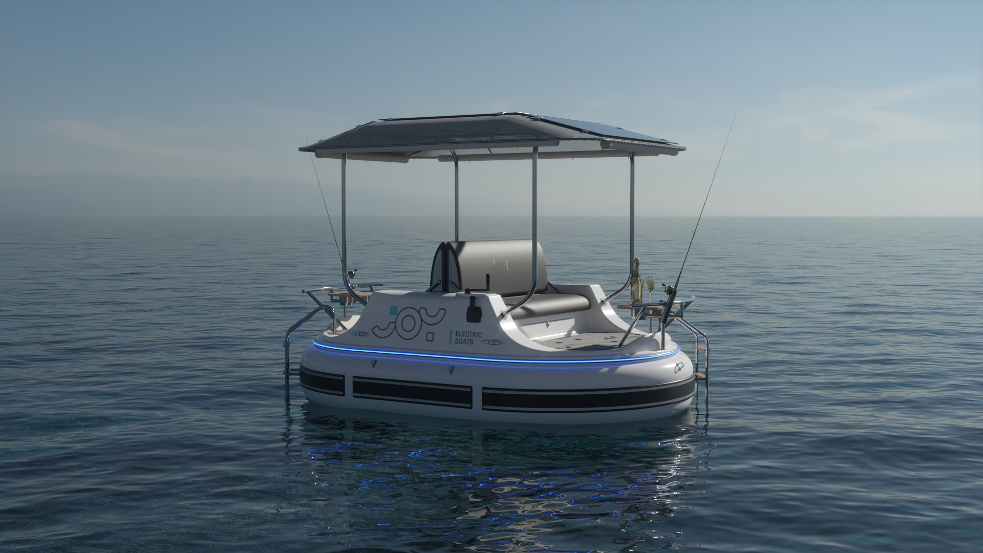 Meta Design Studio, Yacht Animation, 3D Animation, Yacht Rendering, 3D Rendering, Luxury Visualization, Yacht Visualization A round, modern electric boat with a canopy floats on calm water beneath a clear sky. Featuring fishing rods at the back and a sleek, futuristic design, this scene is perfect for luxury visualization or 3D animation.