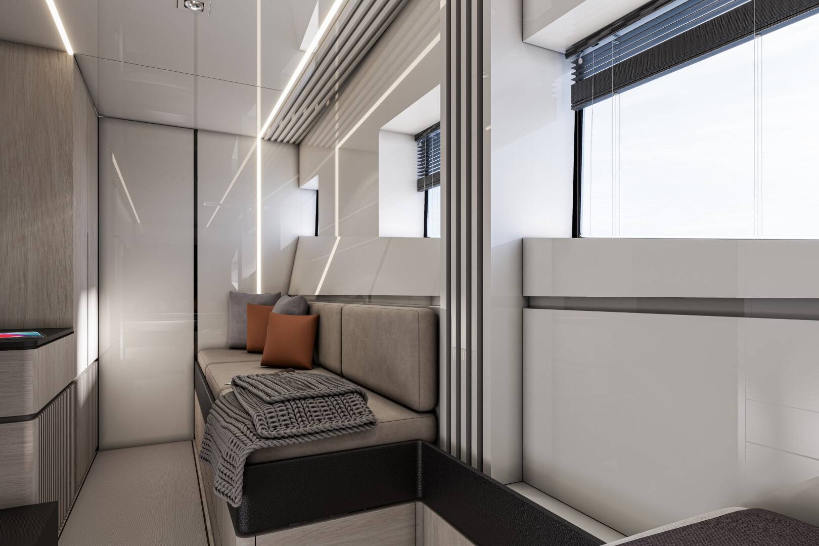 Meta Design Studio, Yacht Animation, 3D Animation, Yacht Rendering, 3D Rendering, Luxury Visualization, Yacht Visualization Modern, minimalist interior of a compact living space with light-colored walls, a built-in sofa with gray and brown cushions, folded blankets, and large windows letting in Luxolor 42ST natural light.