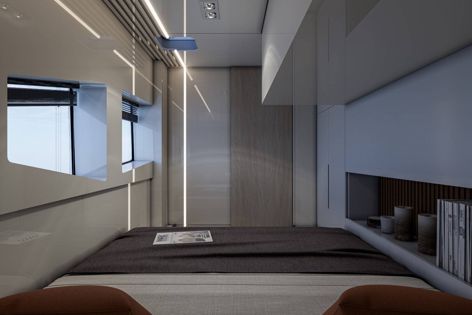 Meta Design Studio, Yacht Animation, 3D Animation, Yacht Rendering, 3D Rendering, Luxury Visualization, Yacht Visualization A modern, minimalistic bedroom by Luxolor with sleek grey walls, a low bed, large windows, shelves with candles and books, soft lighting, and a newspaper placed on the bed creates a serene 42ST-inspired retreat.