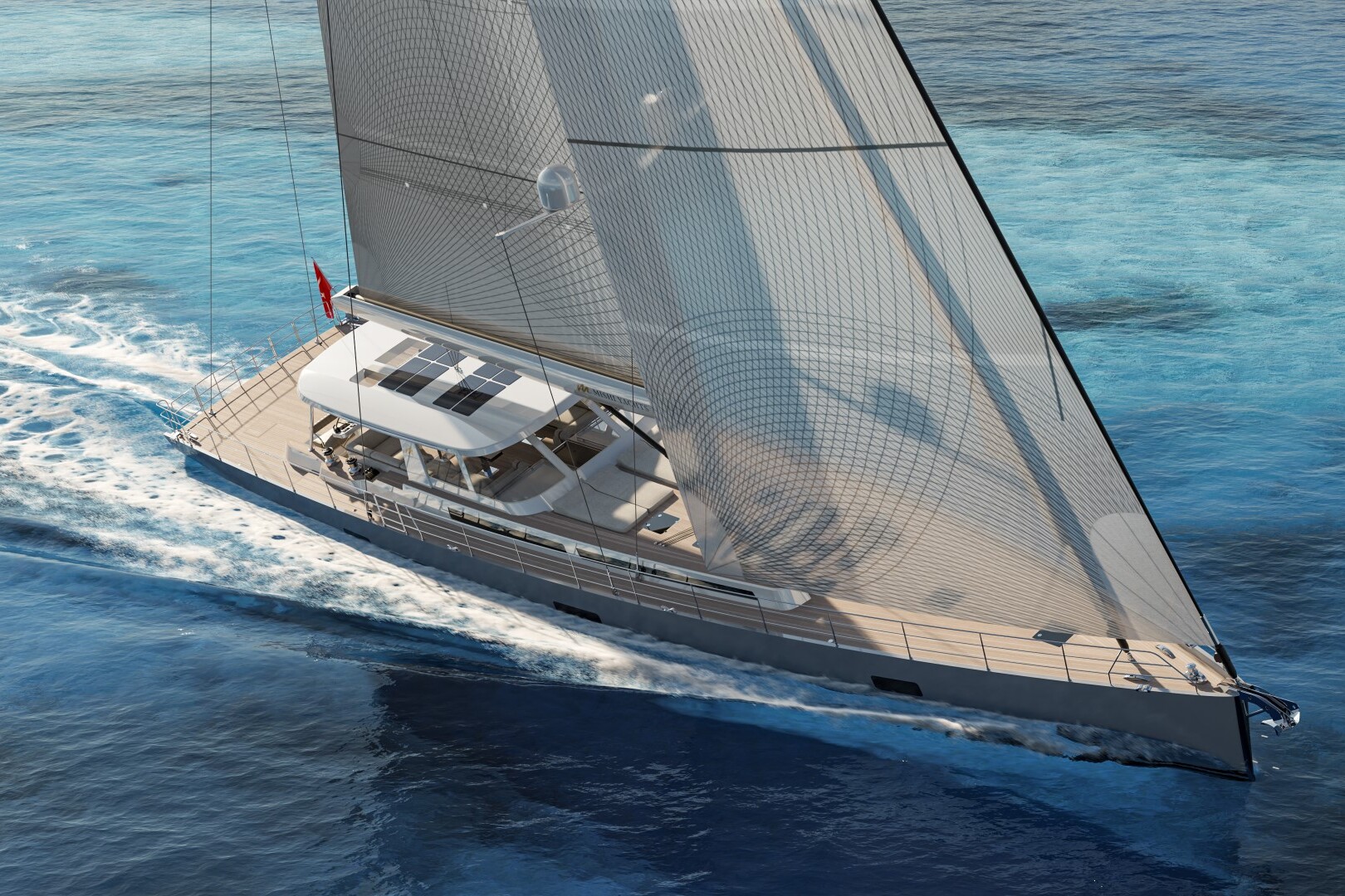 Meta Design Studio, Yacht Animation, 3D Animation, Yacht Rendering, 3D Rendering, Luxury Visualization, Yacht Visualization A modern sailboat with a sleek design sails on clear blue water, leaving a white wake behind. The boats large sail catches the wind, and sunlight reflects off the sea.