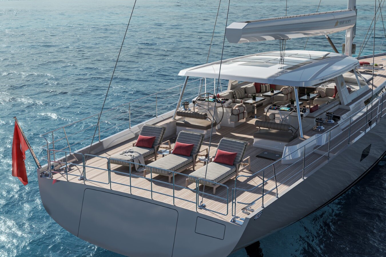 Meta Design Studio, Yacht Animation, 3D Animation, Yacht Rendering, 3D Rendering, Luxury Visualization, Yacht Visualization A luxury yacht sails on calm blue water, featuring a spacious sun deck with lounge chairs, tables, and shaded seating. The yacht has a red flag at the stern and offers scenic ocean views.