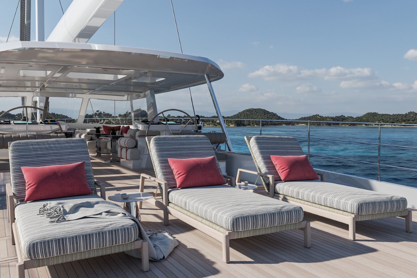 Meta Design Studio, Yacht Animation, 3D Animation, Yacht Rendering, 3D Rendering, Luxury Visualization, Yacht Visualization Three striped lounge chairs with red pillows are arranged on the deck of a yacht, facing the ocean. The sky is clear, and green islands are visible in the background. A towel and drink sit on a small table.