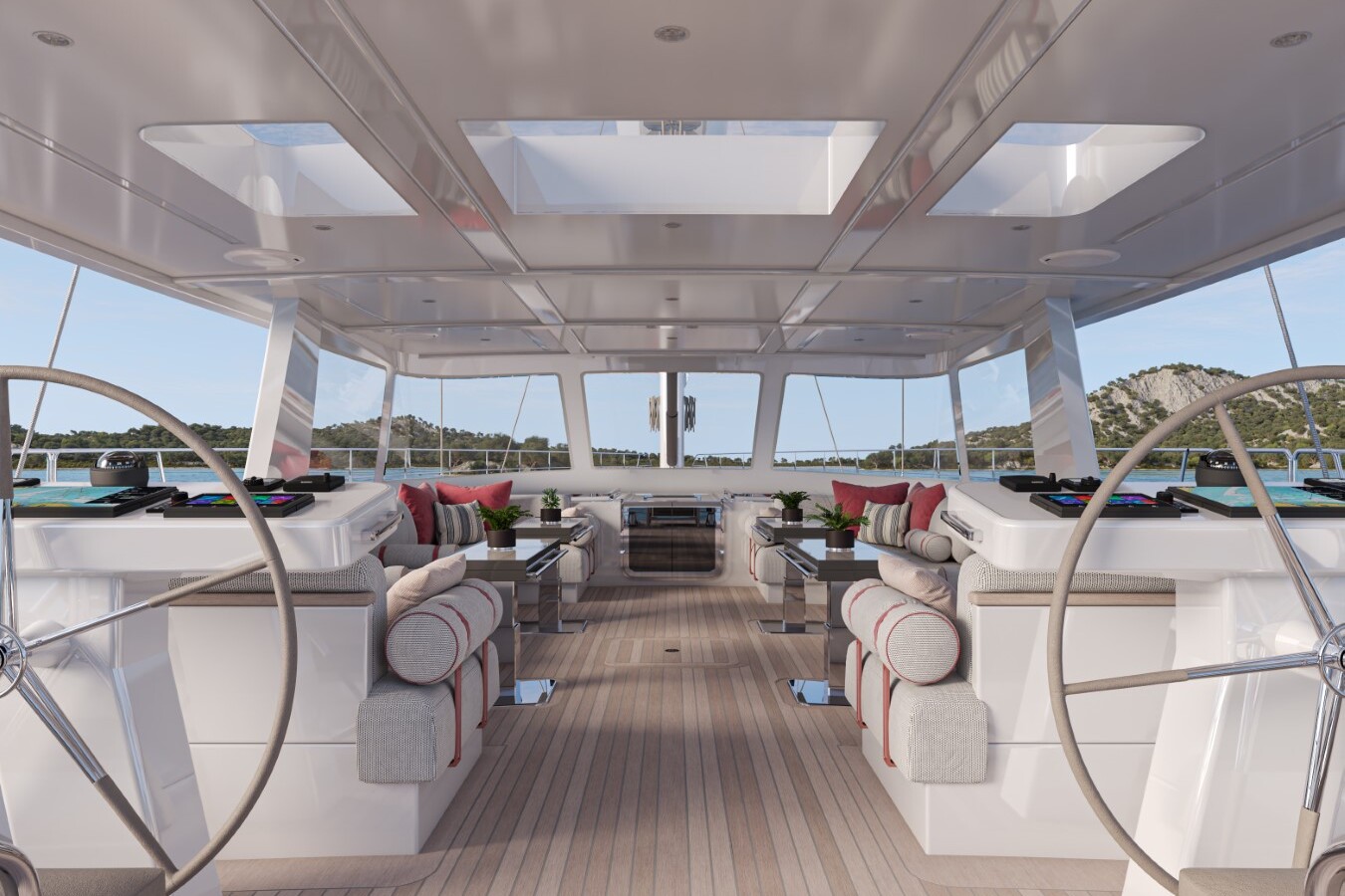 Meta Design Studio, Yacht Animation, 3D Animation, Yacht Rendering, 3D Rendering, Luxury Visualization, Yacht Visualization Spacious yacht deck with dual steering wheels, cushioned seating, and a wooden floor. Large windows offer views of water and distant hills. Decorative pillows and plants add a cozy, modern touch.