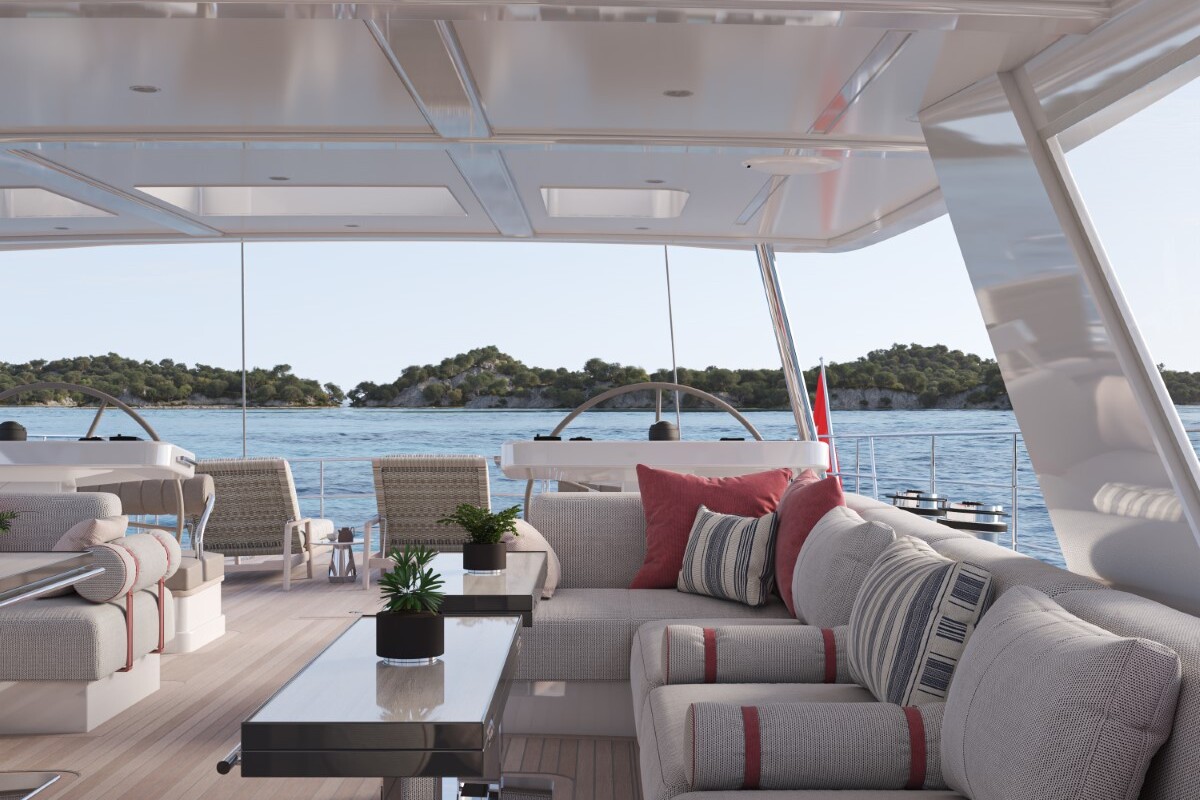 Meta Design Studio, Yacht Animation, 3D Animation, Yacht Rendering, 3D Rendering, Luxury Visualization, Yacht Visualization Luxurious yacht deck with modern gray and red cushioned seating, glass tables, and potted plants, overlooking calm blue water and green tree-covered islands in the background under a clear sky.