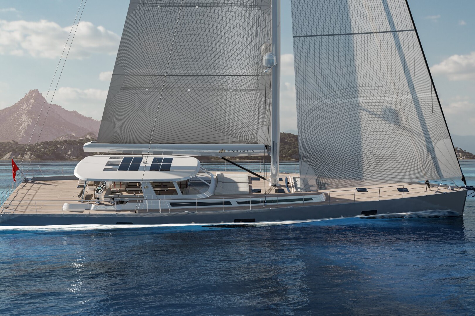 Meta Design Studio, Yacht Animation, 3D Animation, Yacht Rendering, 3D Rendering, Luxury Visualization, Yacht Visualization A sleek modern sailboat glides through calm blue water near a mountainous coastline under a partly cloudy sky. The yacht has large sails, solar panels, and a spacious deck.