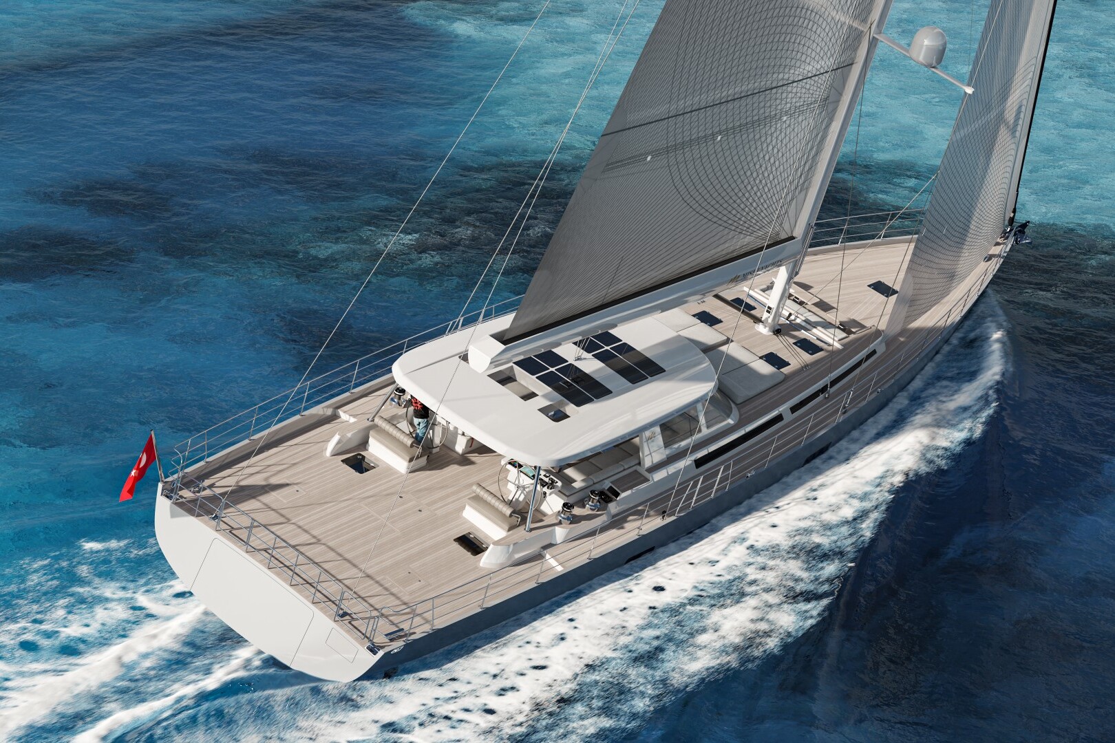 Meta Design Studio, Yacht Animation, 3D Animation, Yacht Rendering, 3D Rendering, Luxury Visualization, Yacht Visualization A modern white sailboat with large sails moves swiftly through clear blue water, leaving a trail in its wake. The deck is spacious with seating areas and a red flag waves at the stern.
