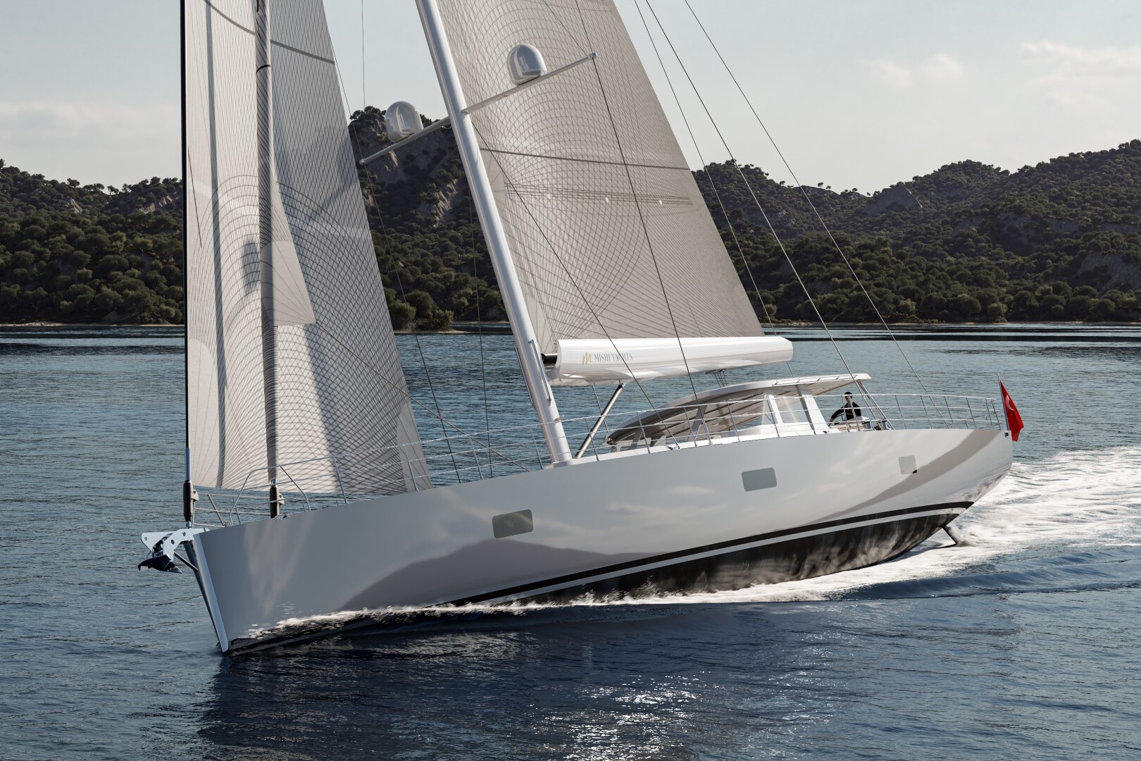 Meta Design Studio, Yacht Animation, 3D Animation, Yacht Rendering, 3D Rendering, Luxury Visualization, Yacht Visualization A modern white sailboat glides smoothly across calm blue water near a forested coastline, with mountains visible in the background under a clear sky.