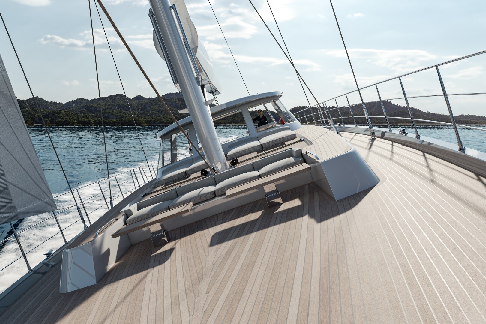 Meta Design Studio, Yacht Animation, 3D Animation, Yacht Rendering, 3D Rendering, Luxury Visualization, Yacht Visualization View from the deck of a sailing yacht gliding on the water, with sunlight reflecting on the wooden deck, white railings, and a scenic coastline with hills in the background under a partly cloudy sky.