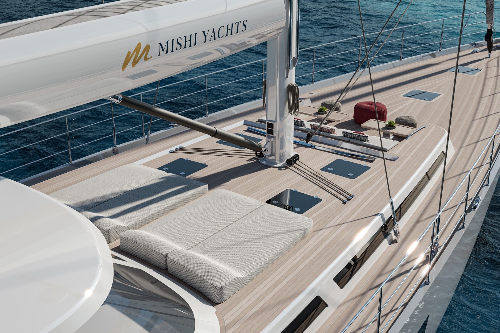 Meta Design Studio, Yacht Animation, 3D Animation, Yacht Rendering, 3D Rendering, Luxury Visualization, Yacht Visualization A luxury sailboat deck with light wood flooring, two cushioned sun loungers, a red lifebuoy, and safety railings. The sail above reads “Mishi Yachts.” The yacht floats on calm blue water.