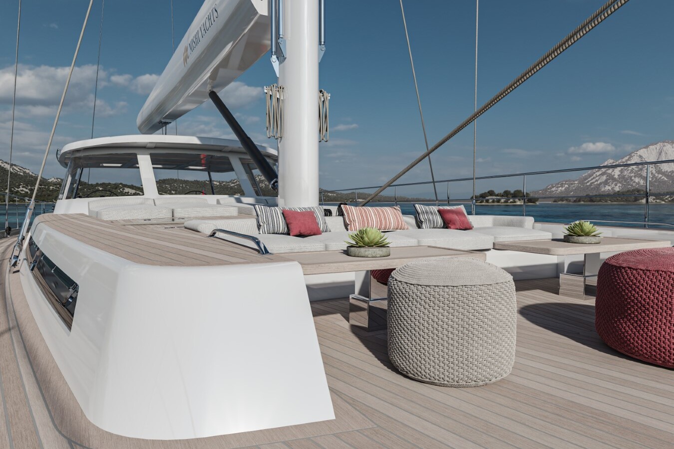 Meta Design Studio, Yacht Animation, 3D Animation, Yacht Rendering, 3D Rendering, Luxury Visualization, Yacht Visualization A luxury yacht deck with light wood flooring, modern woven poufs, and cushioned seating with striped pillows. The yacht is docked near calm blue water, with mountains and a partly cloudy sky in the background.