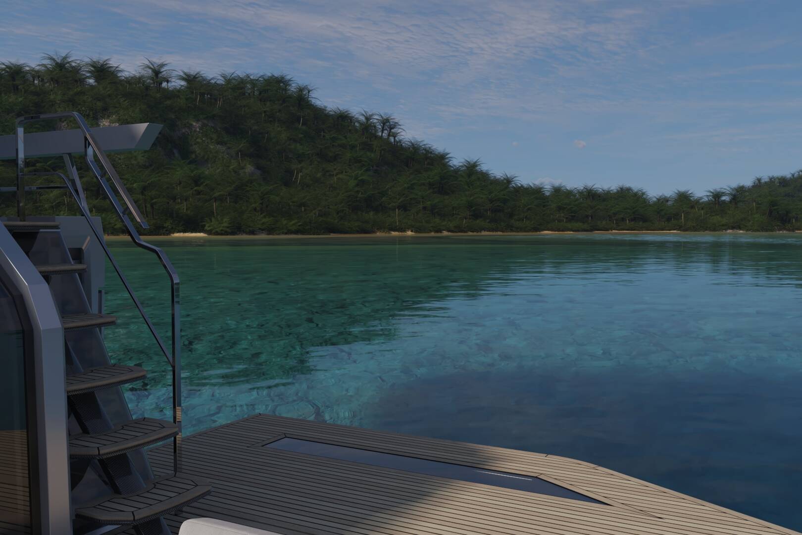 Meta Design Studio, Yacht Animation, 3D Animation, Yacht Rendering, 3D Rendering, Luxury Visualization, Yacht Visualization A view from the deck of a boat looking out over calm, clear blue water toward a lush, green island under a partly cloudy sky. Boat steps and railing are visible in the left foreground.