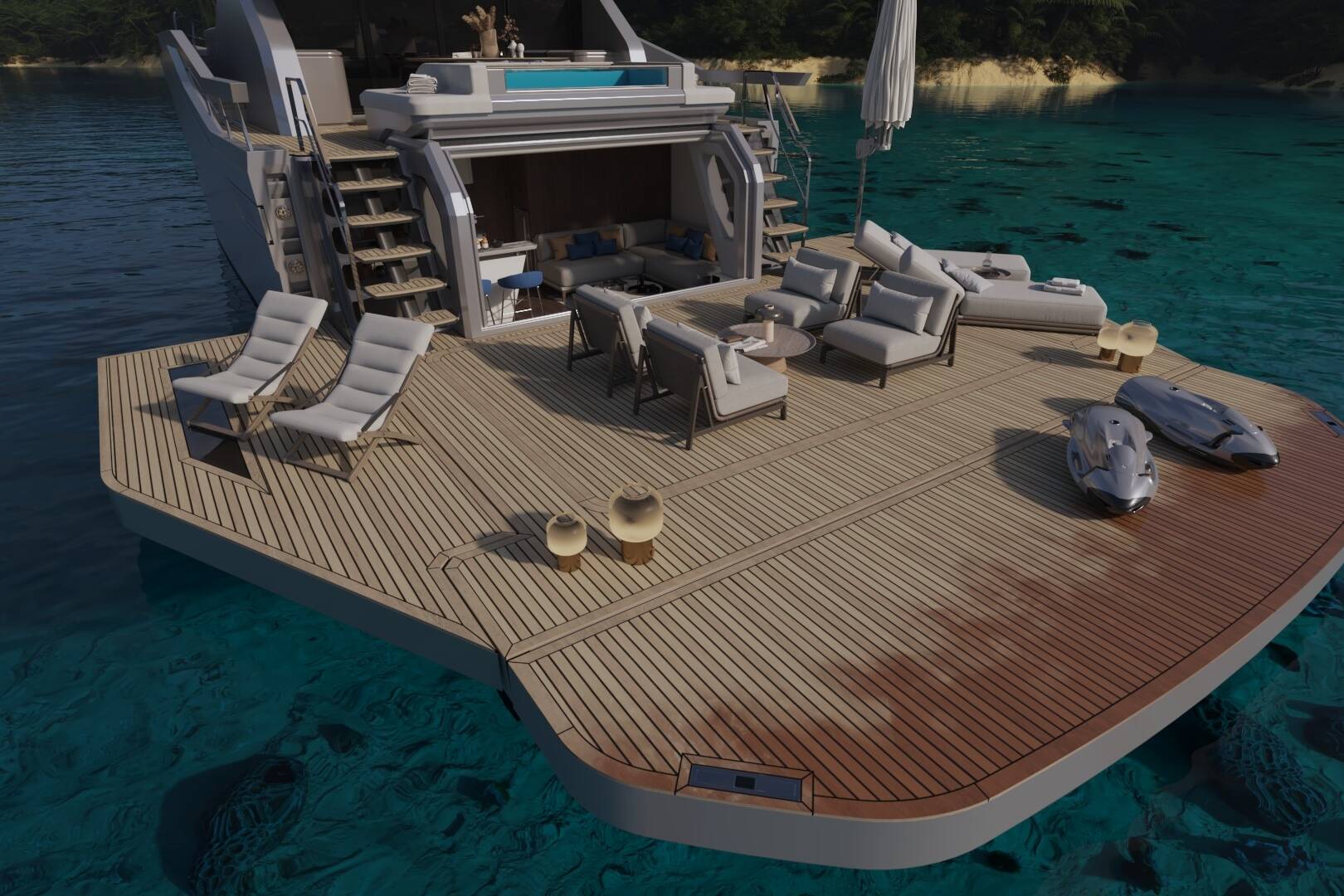 Meta Design Studio, Yacht Animation, 3D Animation, Yacht Rendering, 3D Rendering, Luxury Visualization, Yacht Visualization A luxury yacht deck with lounge chairs, sofas, a table, and small watercraft, floating on clear blue water near a sandy shore with trees in the background.