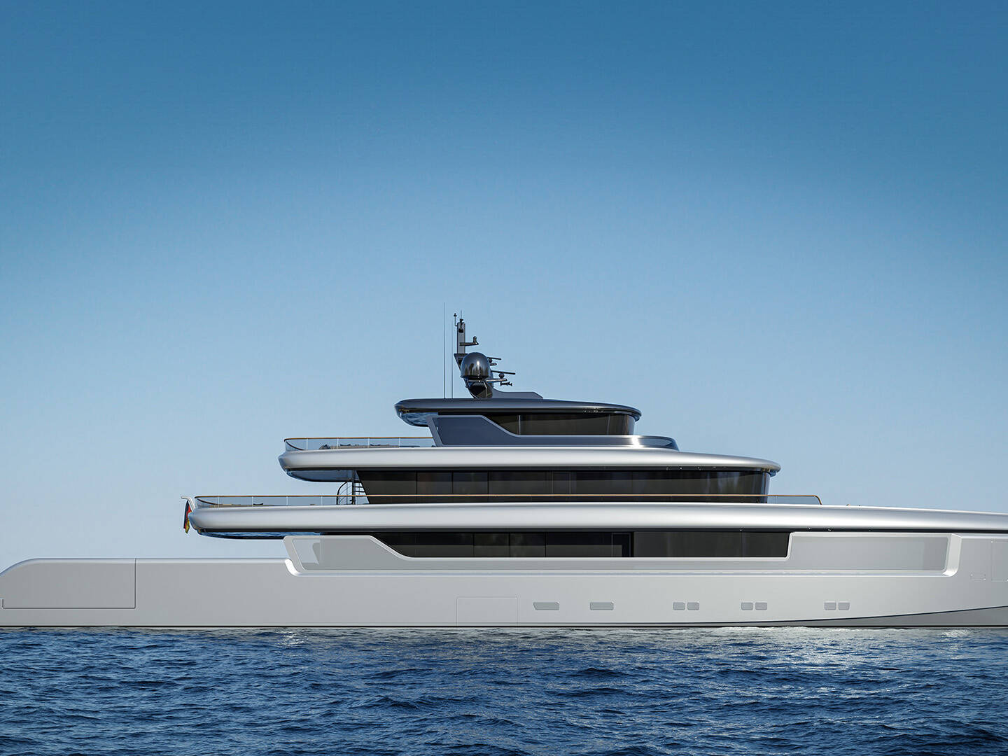 Meta Design Studio, Yacht Animation, 3D Animation, Yacht Rendering, 3D Rendering, Luxury Visualization, Yacht Visualization A sleek, modern white yacht with three decks floats on calm blue water under a clear sky, shown in profile view—perfect for yacht visualization or animation projects.