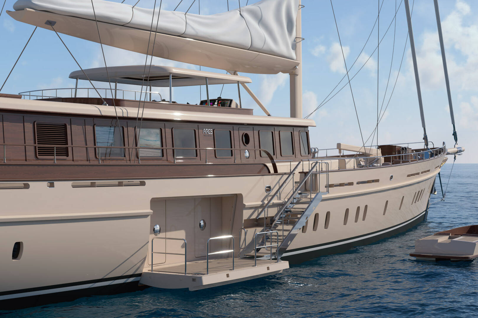 Meta Design Studio, Yacht Animation, 3D Animation, Yacht Rendering, 3D Rendering, Luxury Visualization, Yacht Visualization A luxurious yacht with wooden and cream-colored details is anchored in calm blue water. Perfect for a stunning yacht visualization, metal stairs lead to a small motorboat nearby under a clear, slightly clouded sky.