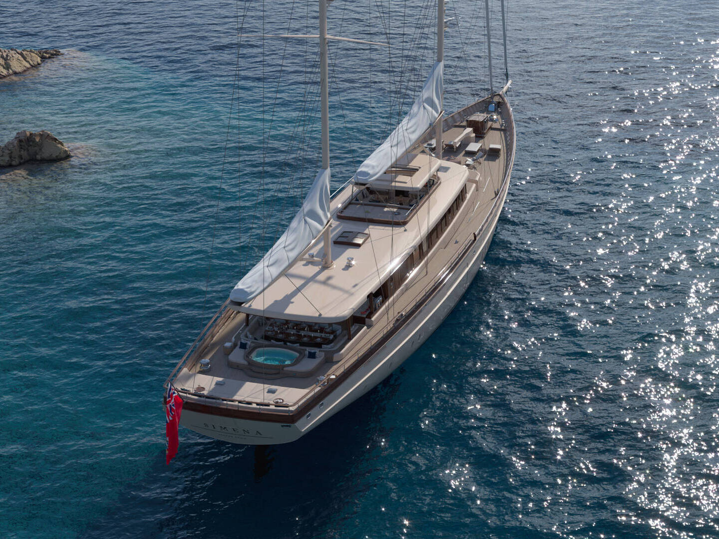 Meta Design Studio, Yacht Animation, 3D Animation, Yacht Rendering, 3D Rendering, Luxury Visualization, Yacht Visualization A large, elegant sailing yacht with white sails glides on clear blue water near a rocky coastline. The yacht features a hot tub on the deck and a red flag at the stern.