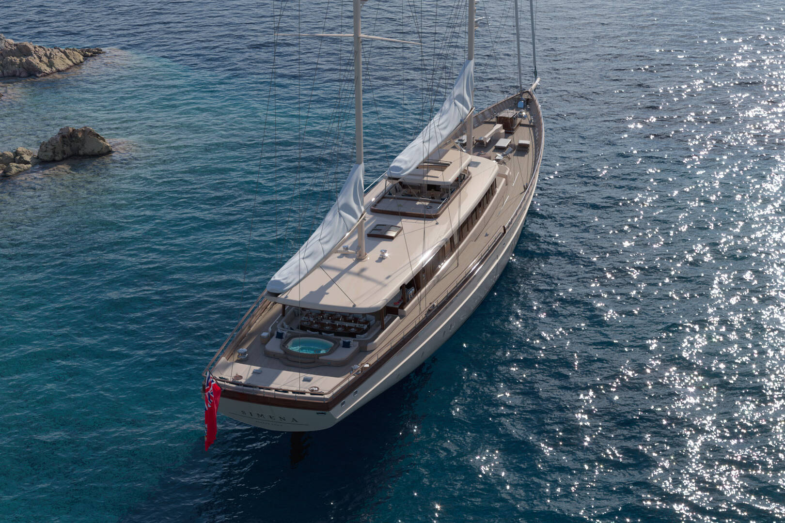 Meta Design Studio, Yacht Animation, 3D Animation, Yacht Rendering, 3D Rendering, Luxury Visualization, Yacht Visualization A large, elegant sailing yacht with white sails glides on clear blue water near a rocky coastline. The yacht features a hot tub on the deck and a red flag at the stern.