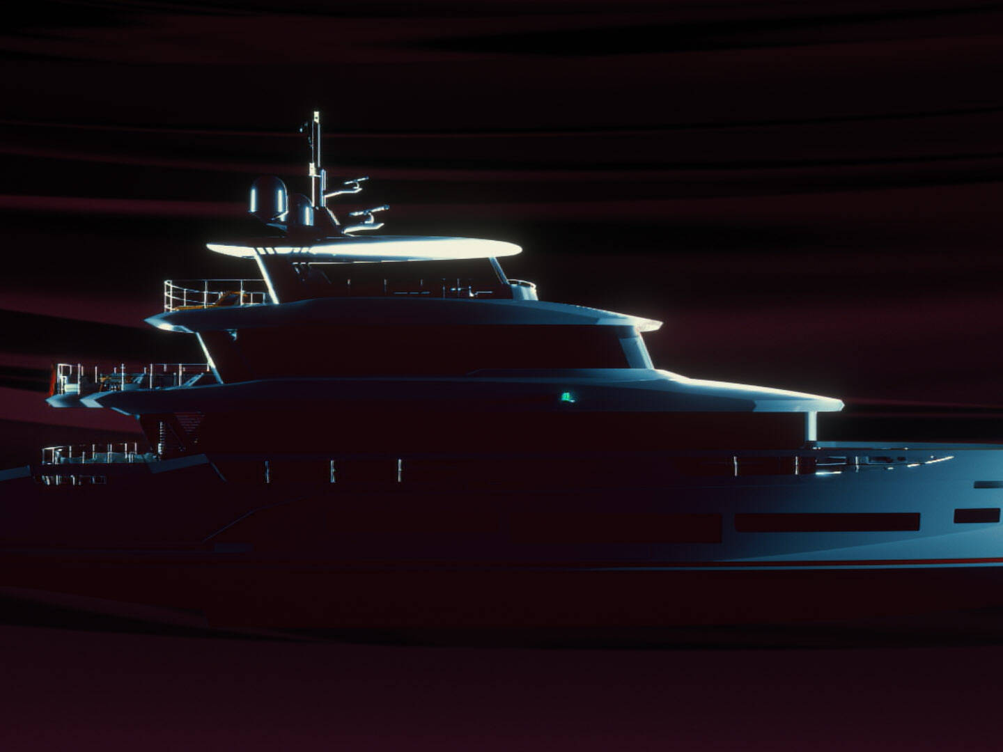Meta Design Studio, Yacht Animation, 3D Animation, Yacht Rendering, 3D Rendering, Luxury Visualization, Yacht Visualization A modern yacht illuminated by dramatic lighting is set against a dark, abstract background, highlighting its sleek lines and multi-level structure in this striking Yacht Visualization.