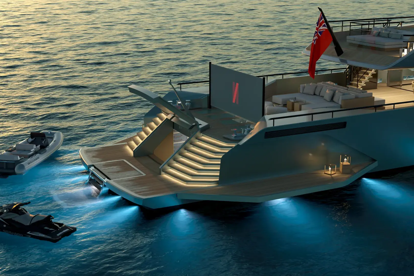 Exterior yacht rendering capturing the dynamic profile of Spitfire