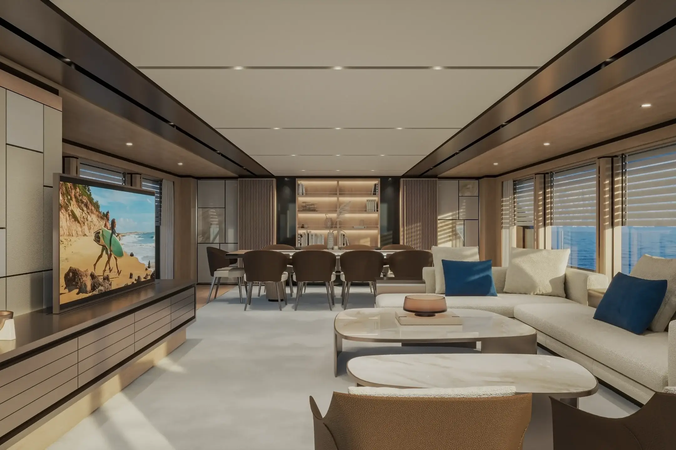 Modern main salon interior visualization of the Baglietto DOM 155