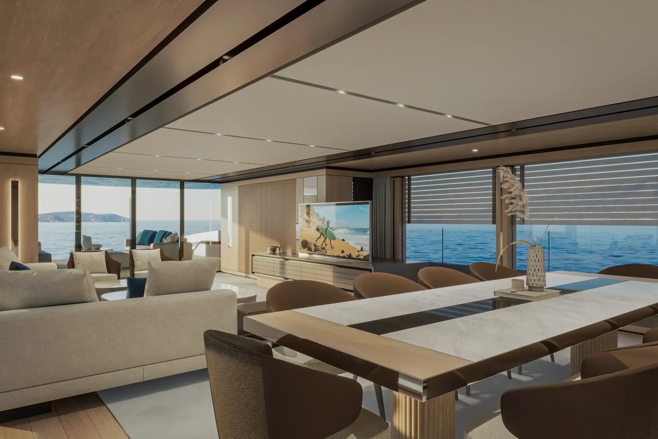 Elegant dining area interior rendering for the Baglietto DOM 155