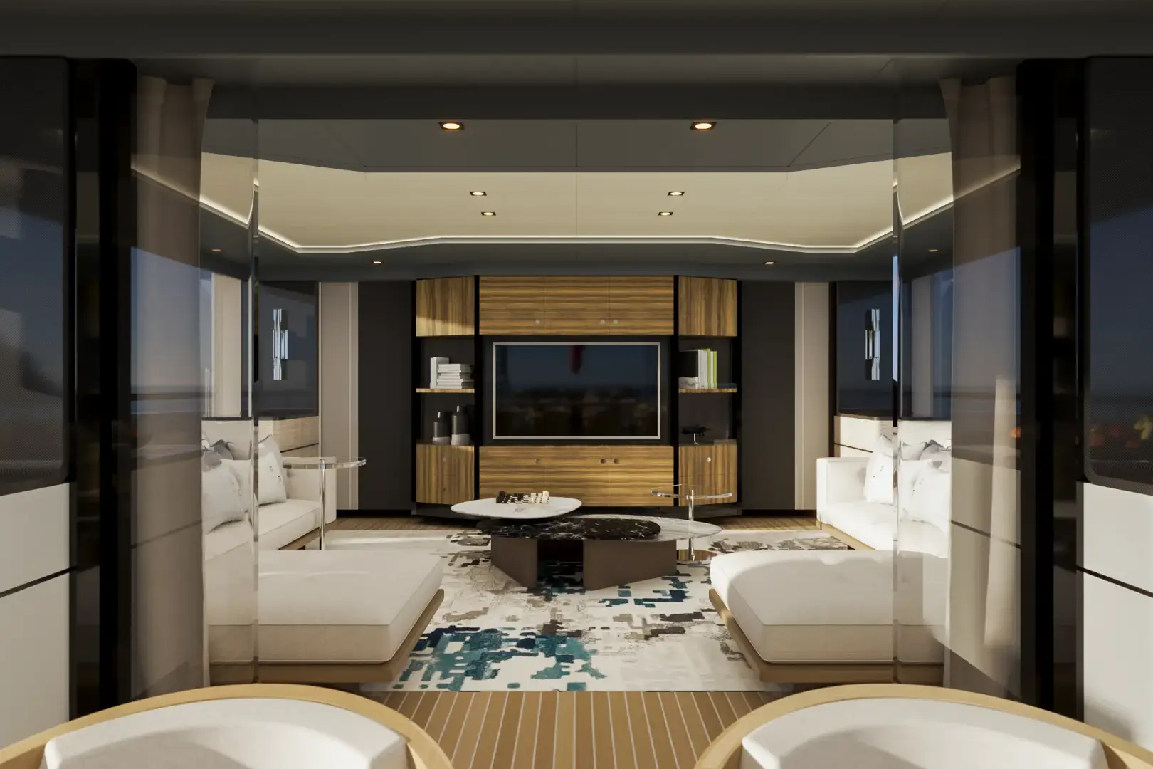 Luxury lounge interior CGI rendering for the Spitfire yacht