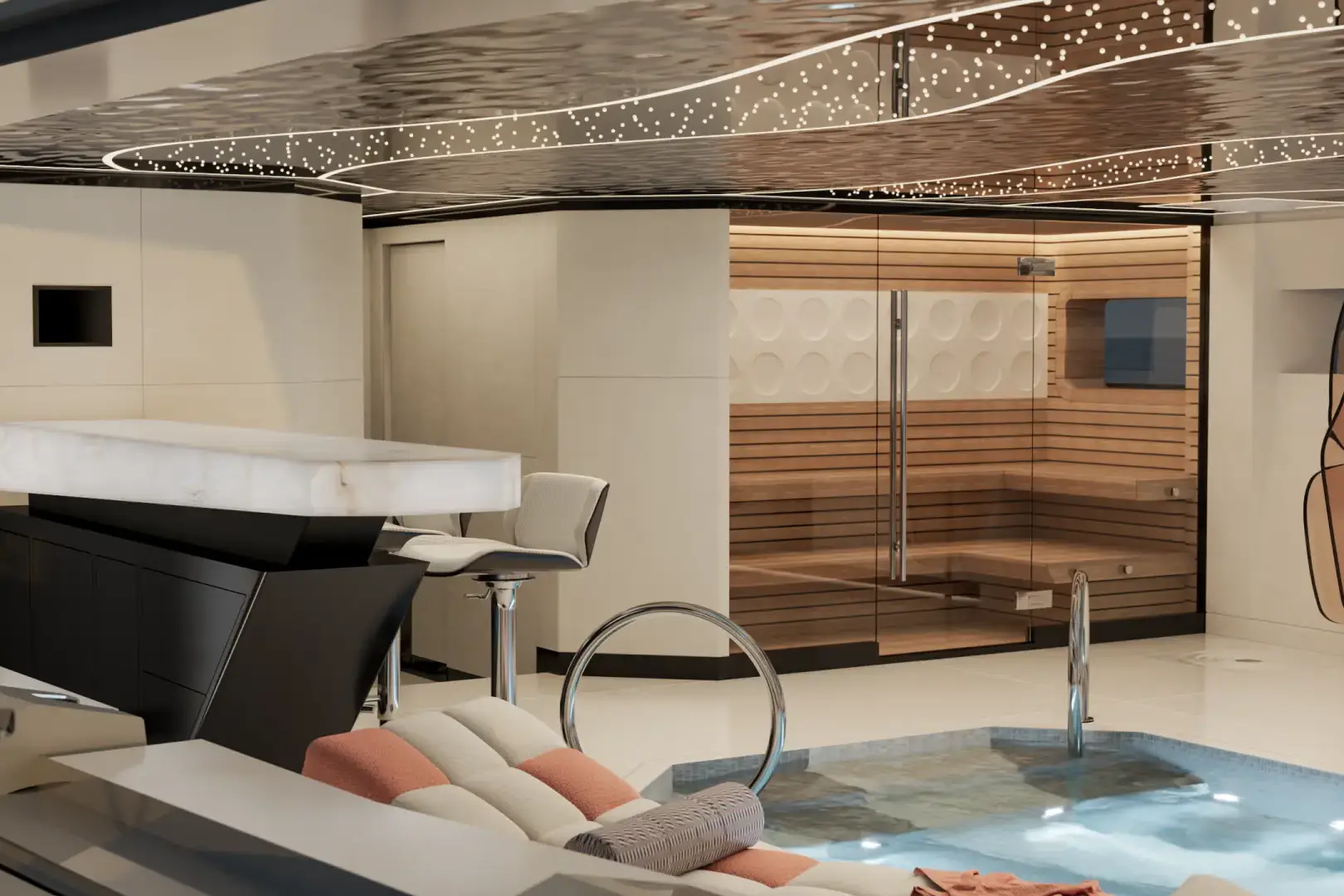 Luis Lima yacht interior visualization highlighting the Pop Art inspired aesthetic