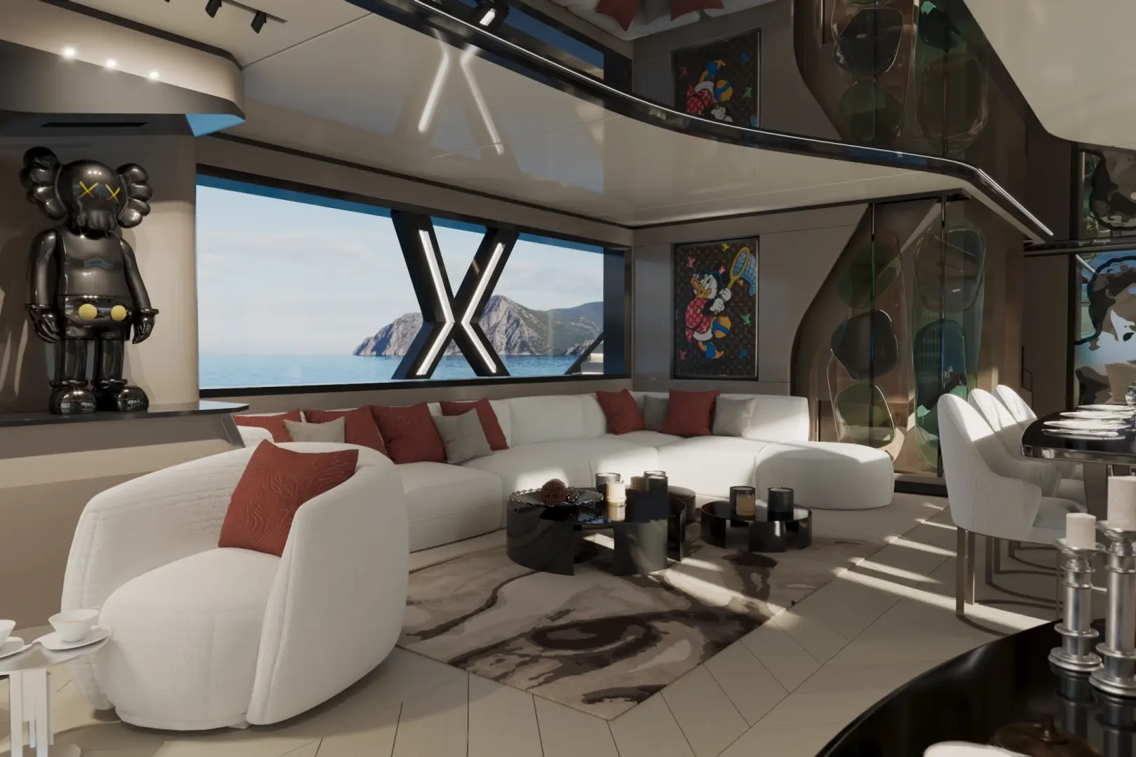 Photorealistic Luis Lima yacht interior rendering with luxury furnishings