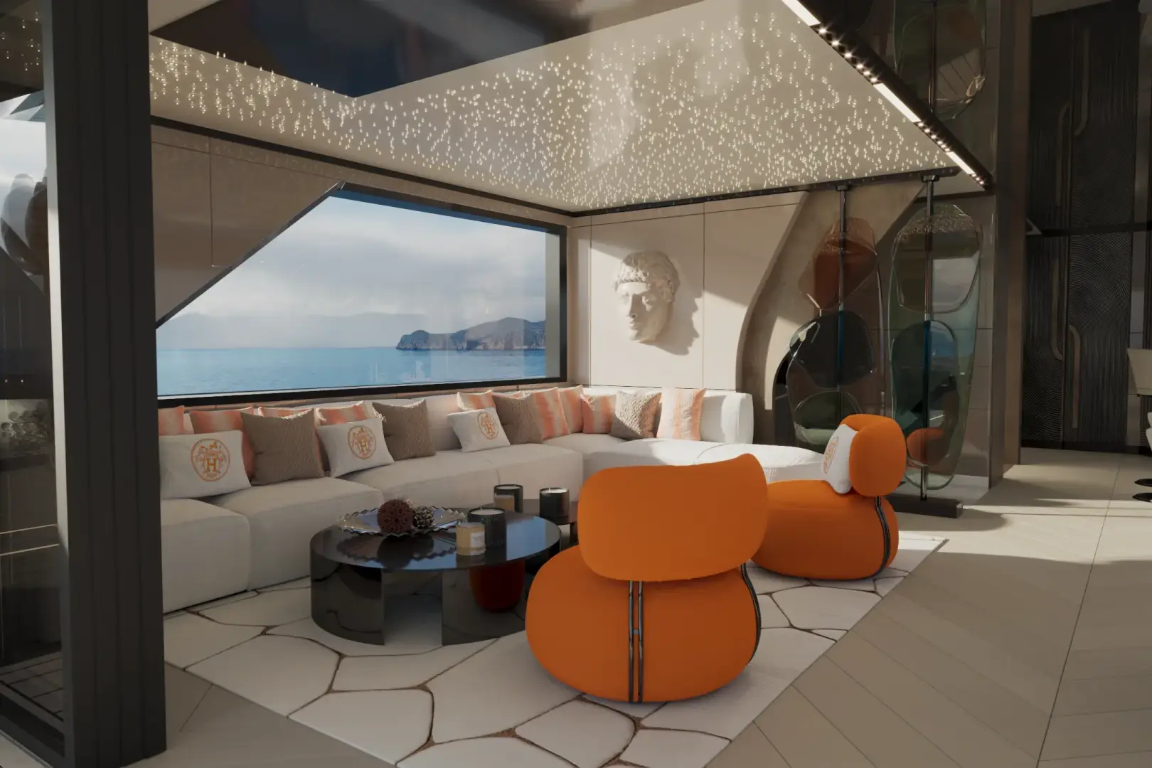Luis Lima superyacht interior CGI with colorful contemporary details