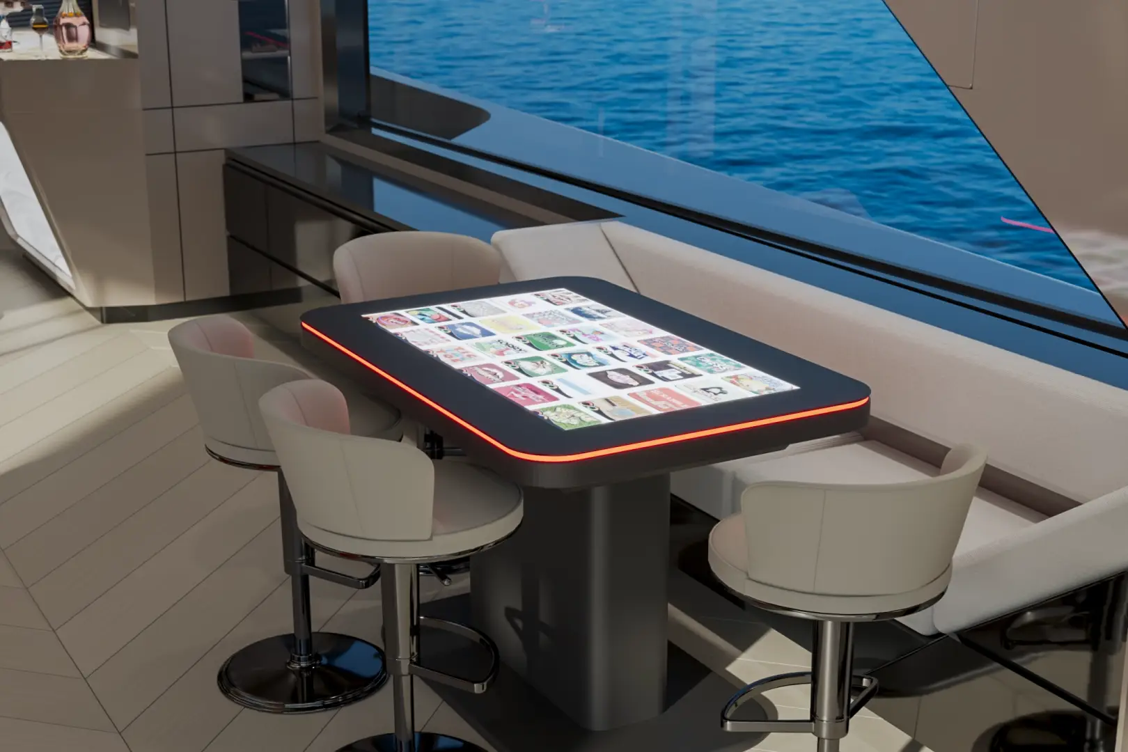 Photorealistic yacht interior visualization of the Luis Lima living area