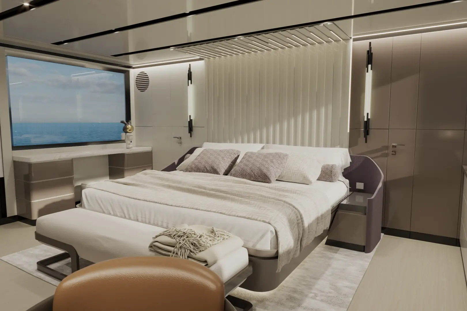 Luxury yacht interior rendering with modern furnishings and artistic details