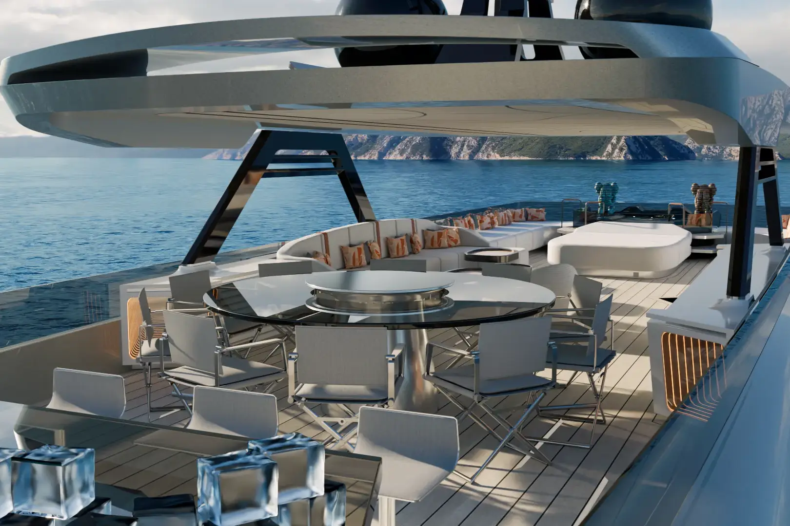 Luxury yacht visualization featuring the Luis Lima aft deck and sea access