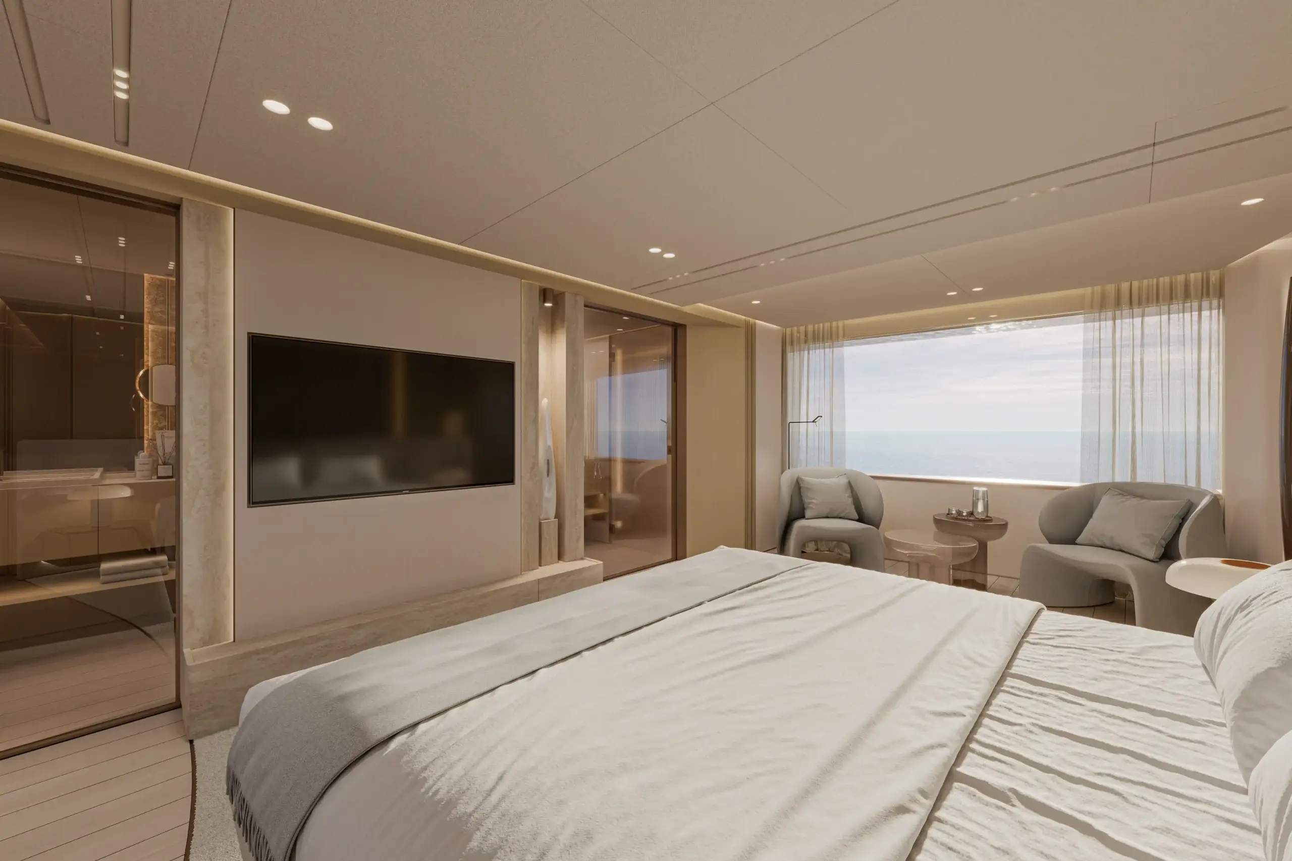 CGI yacht rendering of the Extra X130 Triplex interior for product launch visualization