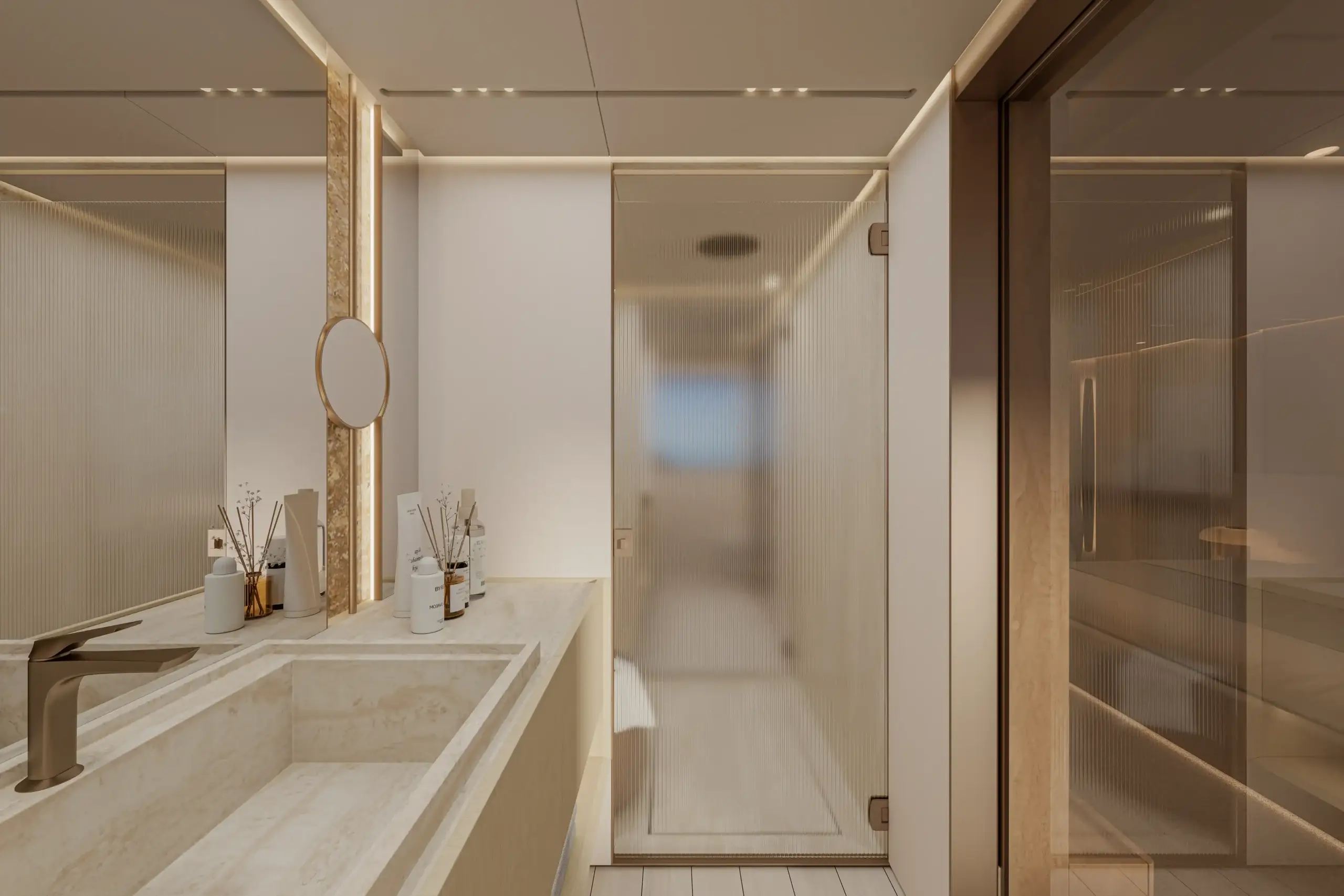 High-end yacht interior rendering featuring elegant materials and modern design