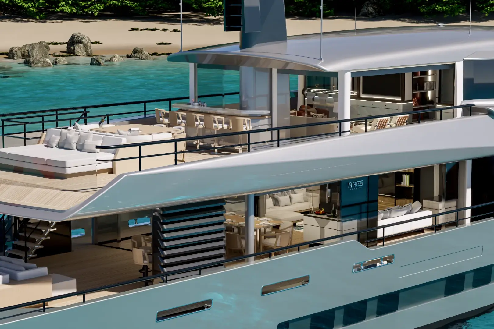 Cinematic exterior rendering of the Spitfire yacht concept