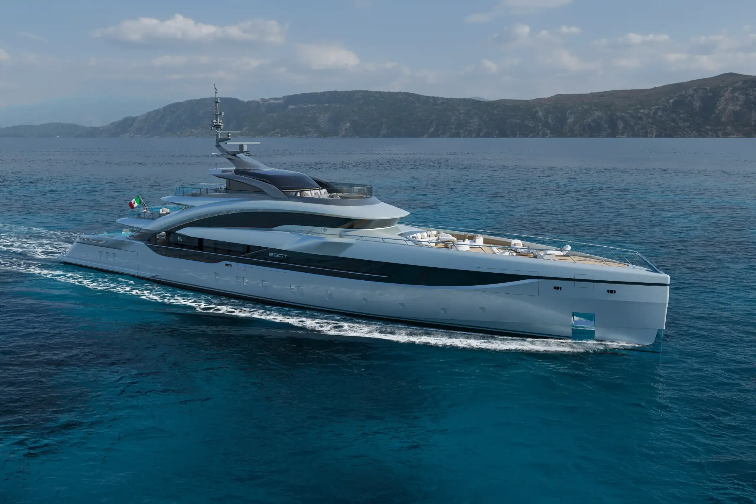 ISA GT66 luxury yacht animation at sea