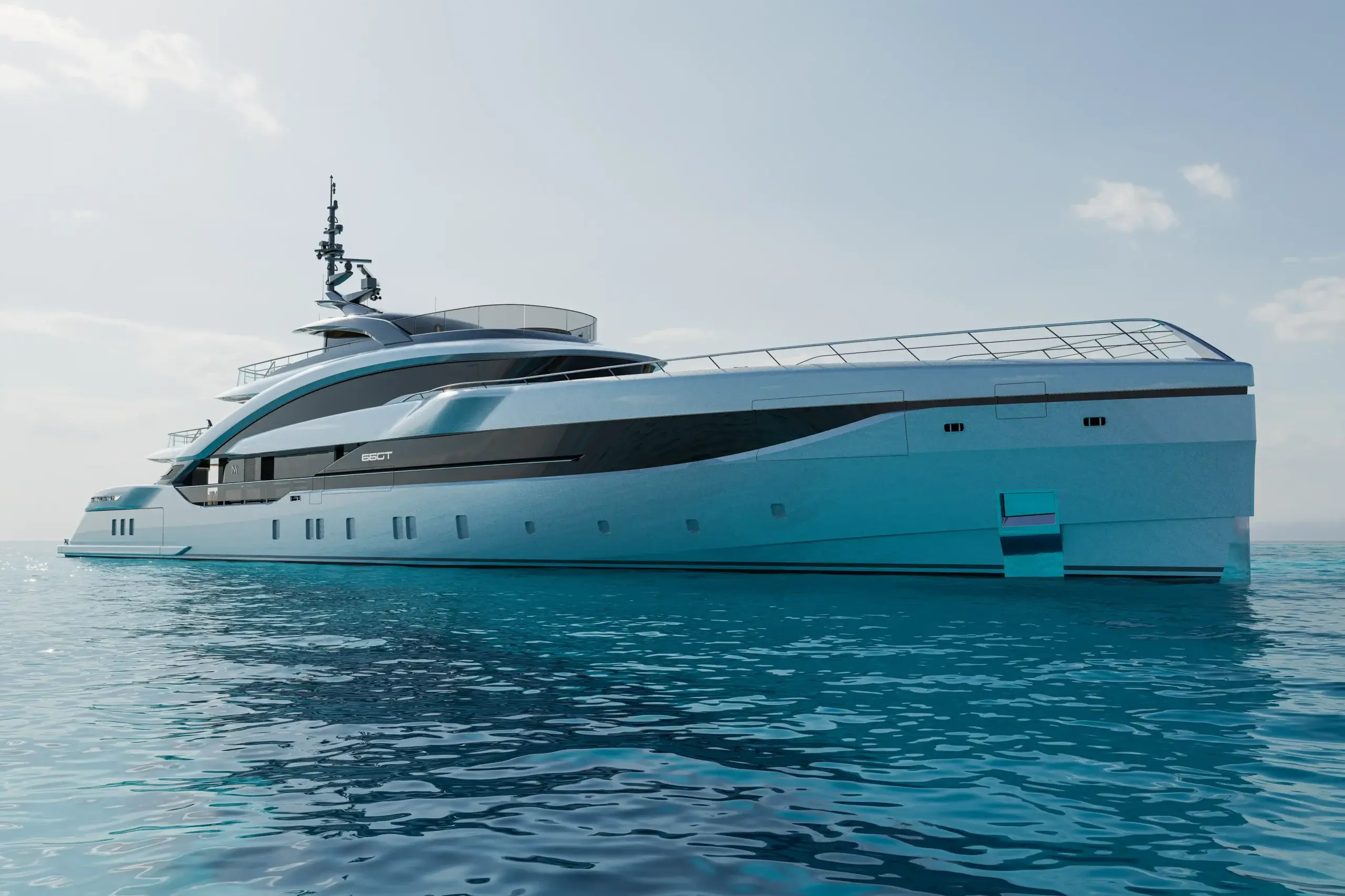 Front perspective of the ISA GT66 with its signature teak foredeck