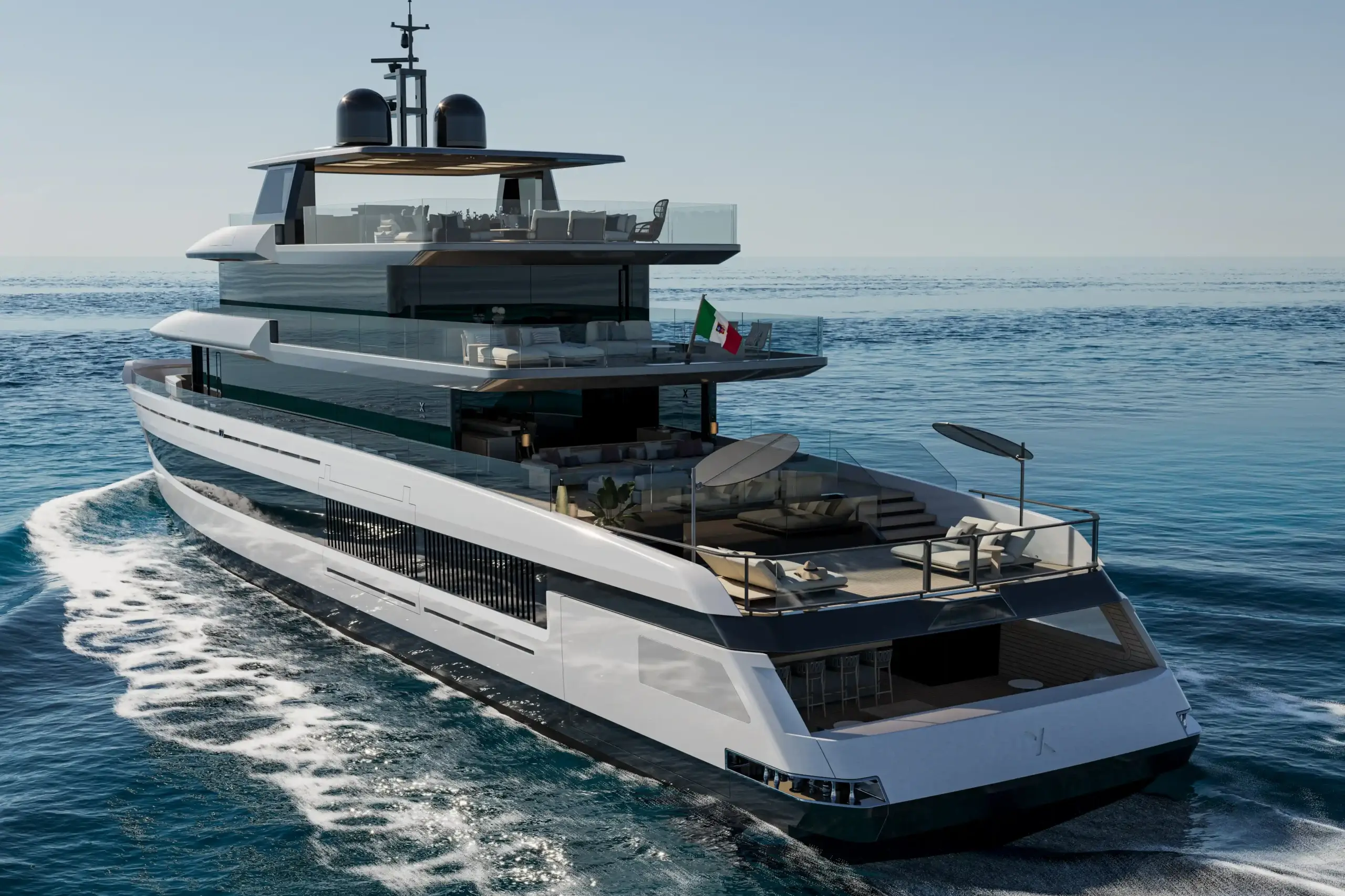 Photorealistic CGI yacht rendering of the Extra X145 Global at sea